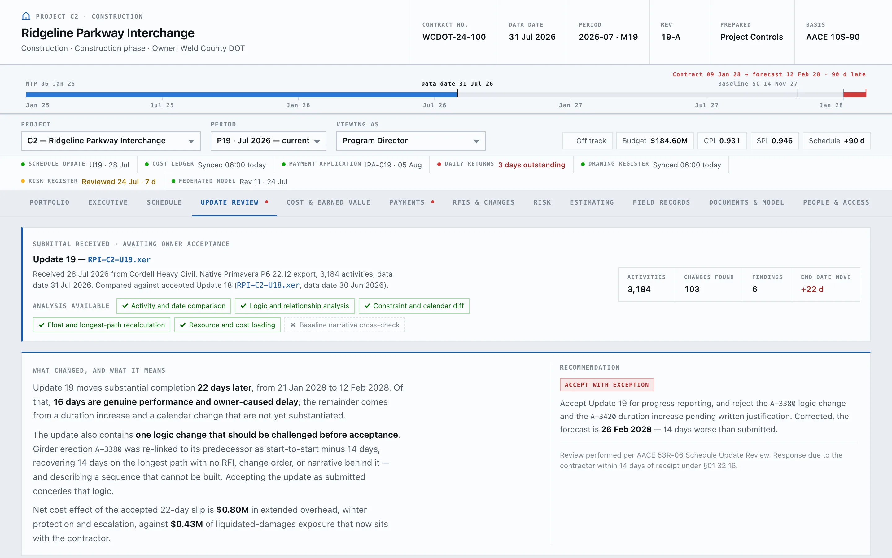 The update review: one schedule update diffed against the last, with delay attributed change by change.